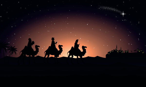 Christmas Nativity Scene - Three Wise Men in the desert at night