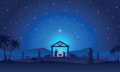 Christmas Nativity Scene in the desert at night - obrazy, fototapety, plakaty