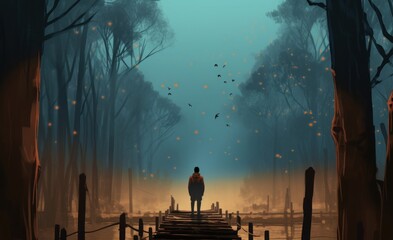 Digital illustration painting design style man standing on the pier against flyflies and big trees, Generative AI - obrazy, fototapety, plakaty