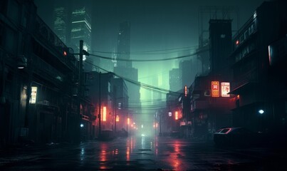 Cyberpunk streets illustration, futuristic city, dystoptic artwork at night, 4k wallpaper. Rain foggy, moody empty future, Generative AI