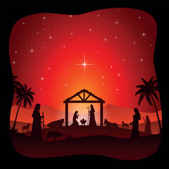 Christmas Nativity Scene in the desert at night - obrazy, fototapety, plakaty