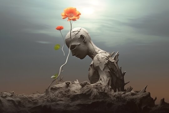 Life and freedom and hope concept, Imagination of surreal scene flower with broken human sculpture, artwork illustration, Generative AI