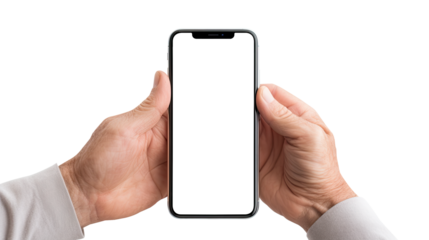 70 years old Mans Hand holding smartphone Mockup with blank screen. Isolated on Transparent background.