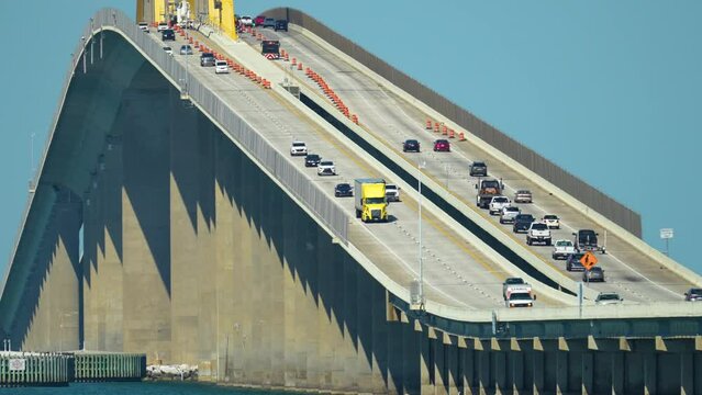 Sunshine Skyway Bridge over Tampa Bay in Florida with moving traffic. Concept of transportation infrastructure