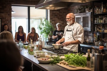 A gourmet cooking class with a renowned chef in a professional kitchen.