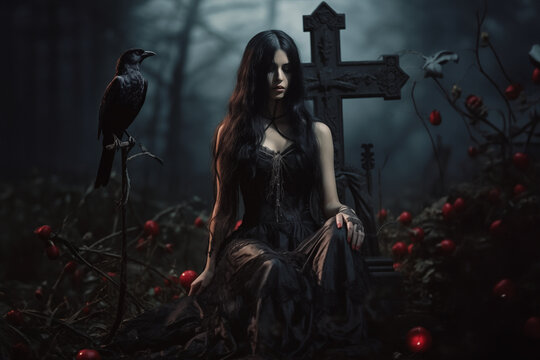 gothic woman sitting on grave with raven in the forest