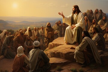 A painting of the Sermon on the Mount, depicting Jesus' teachings to a crowd, an important Christian doctrine. - obrazy, fototapety, plakaty