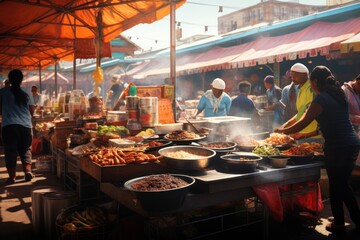 A vibrant and multicultural street food market scene.