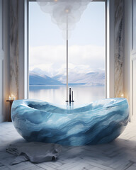 3d render of interior design in classic style. Luxurious ice bathtub with winter landscape.