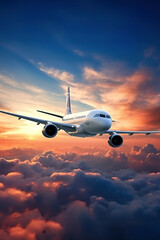 Aircraft jet flying through the clouds passing the setting sun traveling by airplane plane portrait format - obrazy, fototapety, plakaty