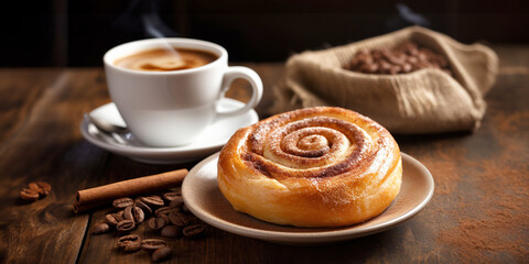 Cinnamon roll with a cup of coffee for dessert sweet food panorama on a wooden board