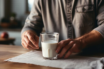 A man stands in the kitchen with a glass of oat milk. Vegetarianism and Veganuary concept - obrazy, fototapety, plakaty