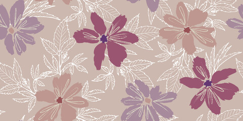 Fototapeta premium Modern seamless floral pattern. Background of large flowers with brush strokes. Various botanical elements are scattered across the ivory background. for printing on fabric, wallpaper, clothing