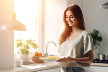 Young Woman posing in the kitchen with a plate of vegetarian porridge. Close-up. Vegetarianism and Veganuary concept