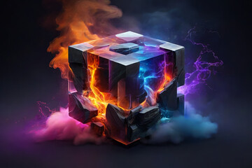 Futuristic stone cube with electric discharge. Dark background. AI