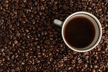 background with coffee beans and cup 