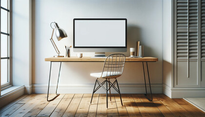 realistic photo of a white home office interior, featuring a hairpin stool standing next to a wooden desk. On the desk, there's a mockup computer 