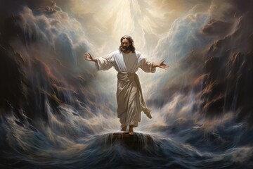 Naklejka premium Mural of Jesus walking on water, calming the storm