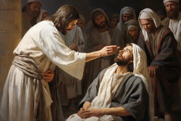 Painting of Jesus healing the blind man in biblical times