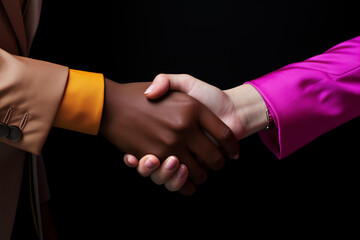 Two businesswomen in colorful suits shaking hands. Close-up handshake of a black woman and a white woman wearing colorful clothes. AI-generated