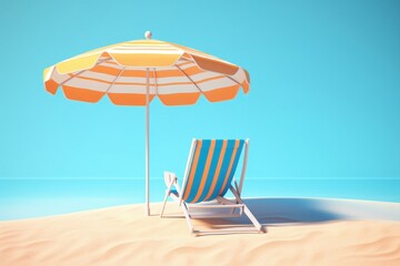 Beach umbrella with chairs on paper beach. summer vacation concept. 3d rendering, Generative AI 