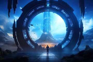 Time travel portal concept, futuristic gateway with sci-fi elements - obrazy, fototapety, plakaty