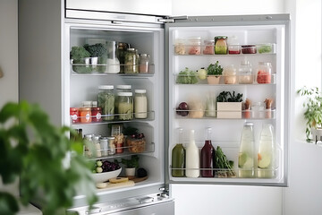 The refrigerator is filled with food for vegetarians. Vegetarianism and Veganuary concept