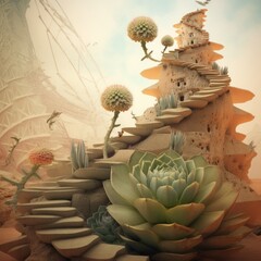 a spiral staircase made of sand with plants and a tower
