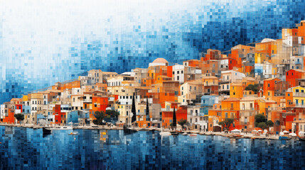 Landscape of a Mediterranean town on a hot summer afternoon, view from the sea. Mosaic tapestry style. - obrazy, fototapety, plakaty