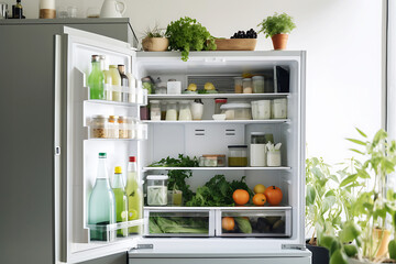 The refrigerator is filled with food for vegetarians. Vegetarianism and Veganuary concept