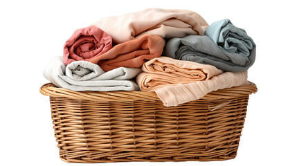 Wicker Basket With Clean Laundry. Isolated on Transparent background.