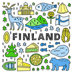 Poster with lettering and doodle colored Finland icons.