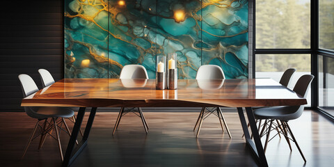 Esszimmer Tisch aus Epoxy Resin Struktur in bunten Farben im Querformat für Banner, ai generativ