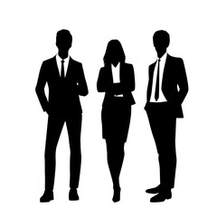 Vector silhouettes of  two men and a woman, a group of standing business people, profile, black color isolated on white background