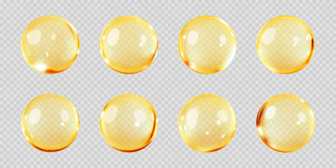 Gold oil bubbles isolated on transparent background. Cosmetic vitamin capsule or omega 3 oil capsule. Serum of collagen essence. Cosmetic and personal care concept. Vector realistic - obrazy, fototapety, plakaty