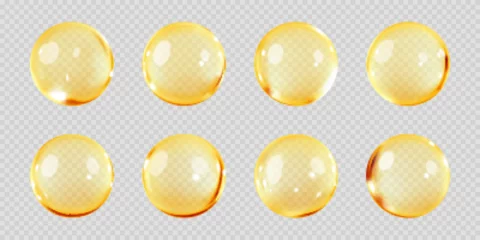 Foto auf Acrylglas Gold oil bubbles isolated on transparent background. Cosmetic vitamin capsule or omega 3 oil capsule. Serum of collagen essence. Cosmetic and personal care concept. Vector realistic © Vector_Artist