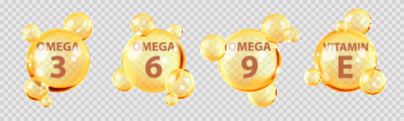 Golden bubbles of Omega acids. Polyunsaturated fats Omega-3, Omega-6, Omega-9. Natural fish oil, organic vitamin, nutrients. Vitamin drop, tablets or capsules. Vector illustration