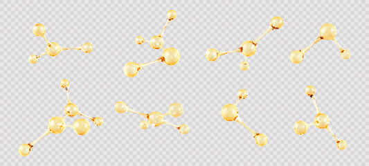 Set of gold oil molecule or atom. 3D abstract molecular structures isolated on transparent background. Beauty science skincare molecular concept. Vector 3d illustration - obrazy, fototapety, plakaty