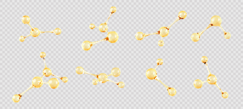 Set of gold oil molecule or atom. 3D abstract molecular structures isolated on transparent background. Beauty science skincare molecular concept. Vector 3d illustration