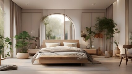 Fototapeta premium Modern luxury sleeping room interior with natural big open design architecture and a bright vibe