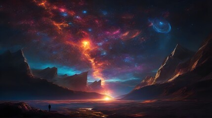 Fantasy sci-fi galaxy space night sky and mountainous landscape on a exo planet © Koto