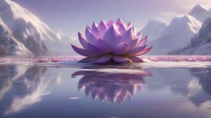 Purple lotus flower on a sea in winter with snowy mountain landscape in the background