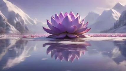 Poster Im Rahmen Purple lotus flower on a sea in winter with snowy mountain landscape in the background © Koto
