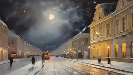 Oil painting of a old euraopean 19th century style city in winter at night with bright moon in the sky