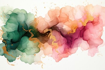 ink watercolor green, pink and sparkling gold splash, clip art, white background