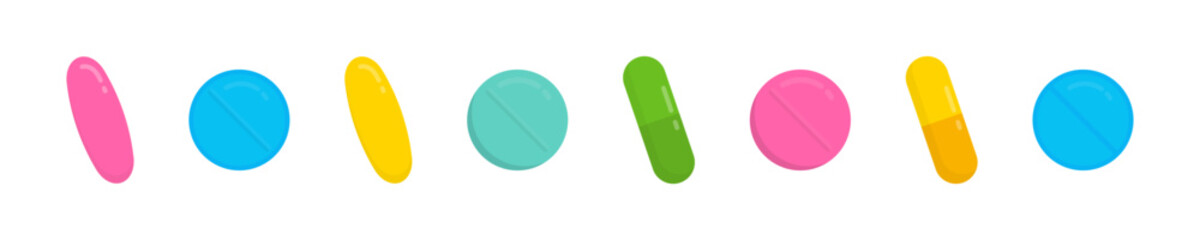 Colorful pills. Medications vector icons. Pill icon set. Medicament and pharmaceutical symbol.