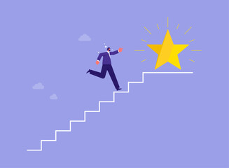 Steps to Success, achievement or opportunity, accomplishment or career development concept, businessman climbing up steps to get the star