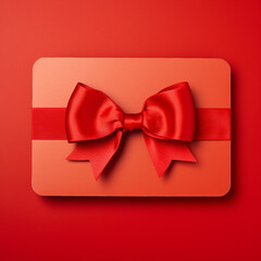 Blank red gift card with red ribbon bow isolated on red background