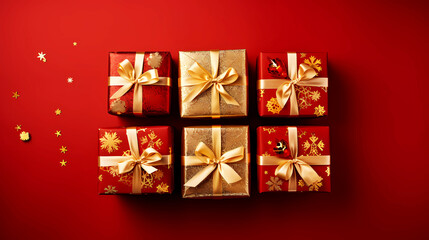 Christmas: top view of gift packages, red and golden Christmas balls, red background, postcard for...