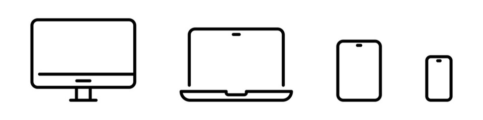 Device and technology line icon set. Electronic devices and gadgets. Computer monitor, smartphone, tablet and laptop sumbol collection